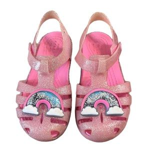 Girls Crocs Isabella Pink Glitter Sandals with Rainbow Charm Size 11